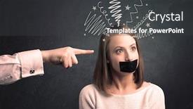  Presentation with female - Presentation theme having caucasian-hand-pointing-at-scared background and a dark gray colored foreground