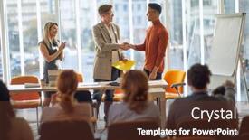  Presentation with done - Slides with caucasian-male-boss-congratulate-afro background and a tawny brown colored foreground