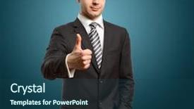  Presentation with done - Slide deck consisting of caucasian male businessman shows well done standing on different backgrounds background and a ocean colored foreground