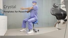  Presentation with dental office - Colorful PPT theme enhanced with caucasian male dentist in uniform stretching arm in his office sitting on dental mobile saddle - short break for exercise backdrop and a light gray colored foreground