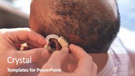  Presentation with hearing aid - PPT layouts with caucasian male doctor applying hearing background and a coral colored foreground