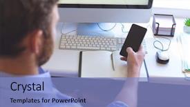  Presentation with rear view of bodyguard - Presentation design enhanced with caucasian male doctor using mobile background and a light blue colored foreground