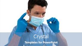  Presentation with surgical gloves - Beautiful PPT layouts featuring caucasian-male-surgeon-putting-protective backdrop and a teal colored foreground