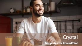  Presentation with eating - PPT theme having caucasian man 30s eating croissant background and a coral colored foreground