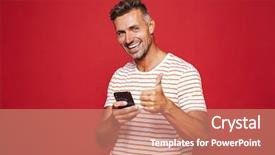  Presentation with man holding phone - Theme with caucasian man 30s in striped background and a coral colored foreground