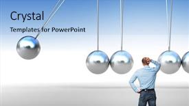  Presentation with newton cradle - Amazing PPT theme having caucasian man and cradle backdrop and a light blue colored foreground