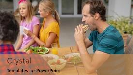  Presentation with hamburger - Beautiful presentation theme featuring caucasian-man-eating-hamburger-sitting backdrop and a coral colored foreground