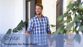  Presentation with man door - PPT layouts with caucasian-man-enjoying-his-time background and a light blue colored foreground