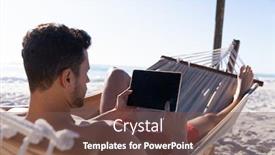  Presentation with using digital tablet - PPT theme featuring caucasian-man-enjoying-time background and a violet colored foreground