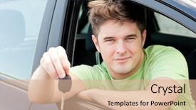 Presentation with car key - Presentation theme featuring caucasian man holding a car background and a coral colored foreground
