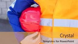  Presentation with electrician - Slides having caucasian man holding a red background and a yellow colored foreground