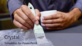  Presentation with young students working in groups - Theme enhanced with caucasian man in a work background and a light blue colored foreground