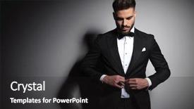  Presentation with man wear black suit - Cool new PPT theme with caucasian man in black tuxedo backdrop and a dark gray colored foreground