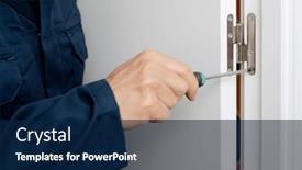  Presentation with man door - PPT layouts with caucasian-man-in-blue-overalls background and a navy blue colored foreground