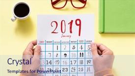  Presentation with green coffee - Colorful slide deck enhanced with caucasian man observing a calendar backdrop and a light blue colored foreground