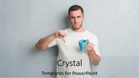  Presentation with cup coffee - Presentation theme with caucasian man over grey grunge background and a  colored foreground