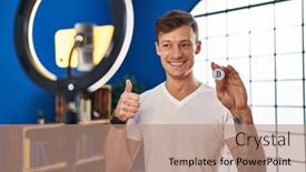  Presentation with recording - Slide deck having caucasian-man-recording-bitcoin-tutorial background and a coral colored foreground