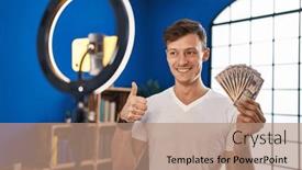  Presentation with recording - Presentation theme enhanced with caucasian-man-recording-vlog-tutorial background and a coral colored foreground