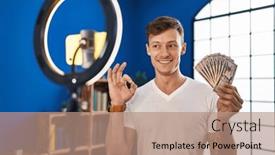  Presentation with recording - PPT theme consisting of caucasian-man-recording-vlog-tutorial background and a coral colored foreground