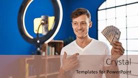  Presentation with recording - Slides having caucasian-man-recording-vlog-tutorial background and a coral colored foreground