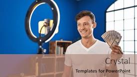  Presentation with man looking up happy - PPT theme enhanced with caucasian-man-recording-vlog-tutorial background and a coral colored foreground