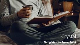  Presentation with coffee book - Presentation theme having caucasian-man-relaxing-at-home background and a  colored foreground