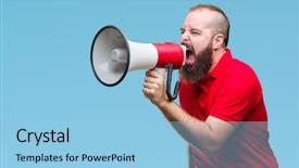  Presentation with anger - Cool new PPT theme with caucasian man shouting through megaphone backdrop and a light blue colored foreground