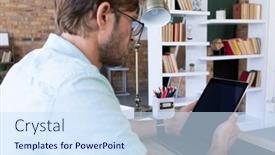  Presentation with lockdown - Amazing PPT layouts having caucasian-man-sitting-at-desk backdrop and a sky blue colored foreground