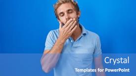  Presentation with sleepiness - PPT theme featuring caucasian-man-standing-over-blue background and a  colored foreground