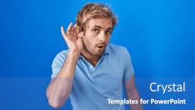  Presentation with hearing - PPT theme having caucasian-man-standing-over-blue background and a teal colored foreground