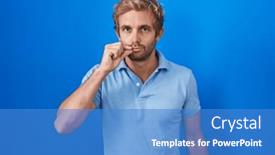  Presentation with lips mouth - Presentation consisting of caucasian-man-standing-over-blue background and a teal colored foreground