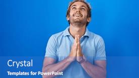  Presentation with praying hands - Slide set consisting of caucasian-man-standing-over-blue background and a teal colored foreground