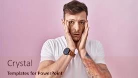  Presentation with sadness - Presentation design featuring caucasian-man-standing-over-pink background and a coral colored foreground