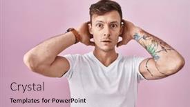  Presentation with pink - PPT layouts with caucasian-man-standing-over-pink background and a soft green colored foreground