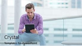  Presentation with man relaxing on massage table - Slides having caucasian man use of tablet background and a light blue colored foreground