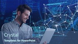  Presentation with global laptop - Presentation design consisting of caucasian-man-using-laptop-against background and a ocean colored foreground