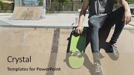  Presentation with closeup of a paper boat - PPT theme consisting of caucasian man with a skate background and a coral colored foreground