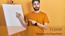  Presentation with beard - PPT layouts consisting of caucasian-man-with-beard-pointing background and a gold colored foreground