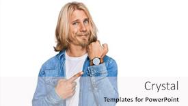  Presentation with denim - Beautiful PPT theme featuring caucasian-man-with-blond-long backdrop and a white colored foreground