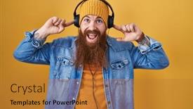  Presentation with music headphones - Slide set having caucasian-man-with-long-beard background and a  colored foreground
