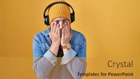  Presentation with music headphones - Presentation consisting of caucasian-man-with-long-beard background and a gold colored foreground