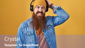  Presentation with music headphones - Slide set with caucasian-man-with-long-beard background and a teal colored foreground