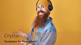  Presentation with music headphones - PPT layouts with caucasian-man-with-long-beard background and a gold colored foreground