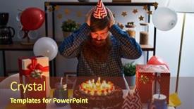  Presentation with birthday cake - PPT theme featuring caucasian-man-with-long-beard background and a  colored foreground
