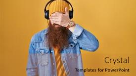  Presentation with music headphones - Presentation with caucasian-man-with-long-beard background and a gold colored foreground