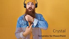  Presentation with music headphones - Slide set enhanced with caucasian-man-with-long-beard background and a  colored foreground