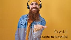  Presentation with music headphones - Slides consisting of caucasian-man-with-long-beard background and a  colored foreground