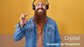  Presentation with music headphones - Presentation theme having caucasian-man-with-long-beard background and a  colored foreground