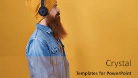 Presentation with music headphones - PPT theme having caucasian-man-with-long-beard background and a gold colored foreground