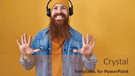  Presentation with music headphones - Presentation theme having caucasian-man-with-long-beard background and a gold colored foreground